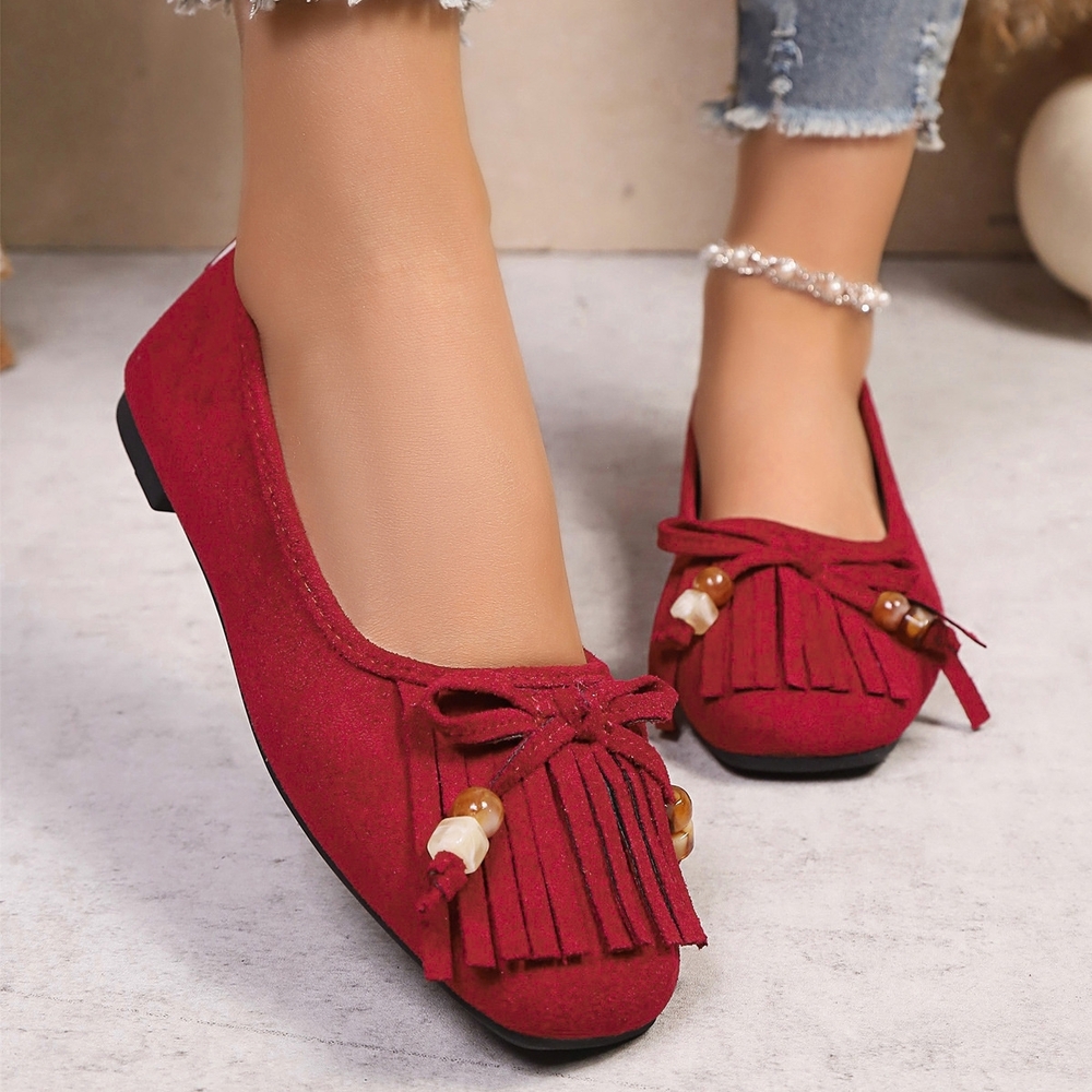 Elegant Red Women's Flat Loafers with Fringe Bow Tassel Detail